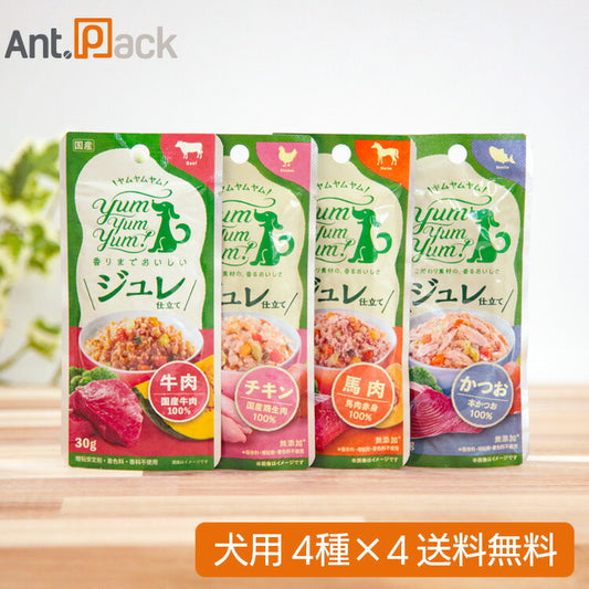 Yum Yum Yum！ ジュレ仕立て 犬用 アソート4種セット （チキン・かつお・馬肉 ・牛30g×各4個）
