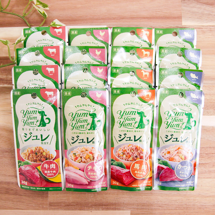 Yum Yum Yum！ ジュレ仕立て 犬用 アソート4種セット （チキン・かつお・馬肉 ・牛30g×各4個）
